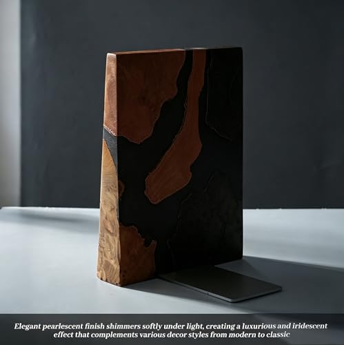 Pearlescent Black Resin Bookends, Burl Wood Book Ends for Shelves – Unique Decorative Book Supports for Study Office, Elegant Gift for Home Library (Pearlescent Black) - color: Pearlescent Black