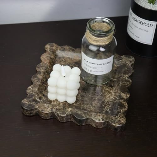 Square Marble Decorative Tray with Scalloped Edge, Luxury Natural Stone Bathroom Vanity Tray, Dresser Top Perfume Coffee Home Kitchen Sink Tray, Key Trinket Ring - color: Dark Emperador