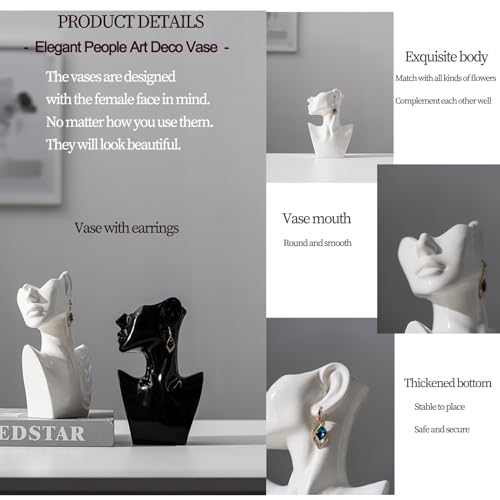 Face Vases -White,H 9.2 Inch,with Earrings Art Ceramic vase,for Flowers Ceramics Statue Flower Vase,Female Modern Cool Vases,for Office Dining Table Home Ornaments - color: White