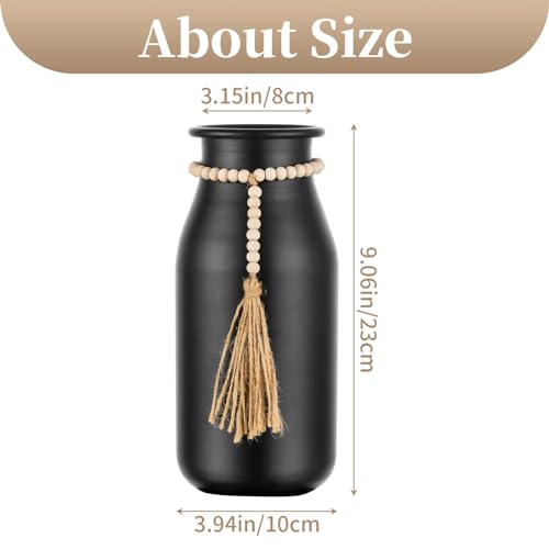 Sziqiqi Black Decorative Flower Vase - 9in Boho Vase with Bead Strings for Pampas Grass Vintage Metal Vases for Table Home Decor Matte Cylinder Vase for Artificial Flowers Rose Twigs - style: Boho Black Flower Vase