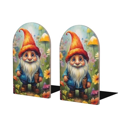 Decorative Bookends Floral Painting Gnome Flowers Kids Wood Bookends 2 Pcs Book Stoppers for Shelves Desk Non-Skid Modern Bookends for Office Kitchen School