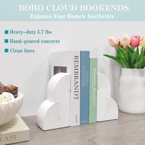 Decorative Book Ends for Heavy Books - Concrete Clound Aesthetic Bookends - Set of 2 Boho Book Stopper for Modern Home Office Bookshelf Decor (Concrete-White)