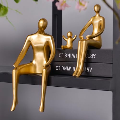 Quoowiit Gold Decor Family Statue Shelf Decor, Abstract Modern Home Decorations Family Sculpture, Minimalist Miniature Coffee Table Ornament Figurines for Office Bookshelf Living Room Bedroom 3 Piece - color: Gold