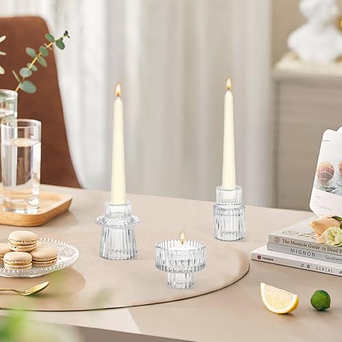 Taper Votive Candle Holder for Pillar Candles Tealight, Candlestick Holder for Wedding Christmas Tea Party, Boho Ribbed Vintage Crystal Glass Table Centerpiece Decor, Bulk Set of 6 (Clear) - color: Clear
