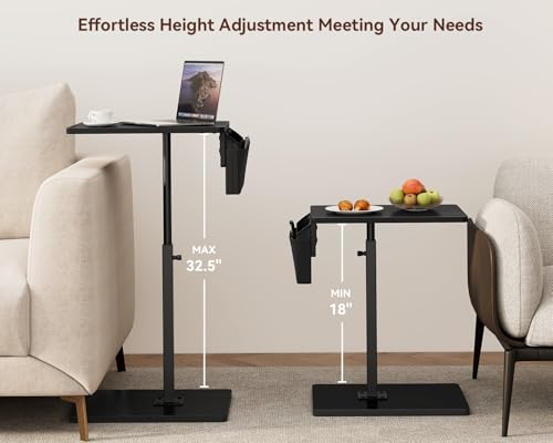 Vagusicc Sofa Armrest Tray Table for Couch, 360° Swivel Height Adjustable TV Tray Table for Small Spaces, Snack Side Table for Couch, Bed, Chair, C Shaped End Side Table for Eating, Reading, Laptop - color: Black, style: With Storage Bag