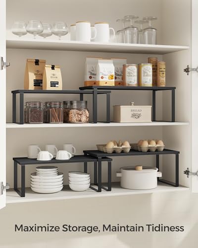 SONGMICS Cabinet Organizer Shelf, Set of 2 Kitchen Counter Shelves, Kitchen Storage, Spice Rack, Stackable, Expandable, Metal and Engineered Wood, Ink Black and Charcoal Black UKCS025B01 - color: Ink Black + Charcoal Black, size: 15.6"W