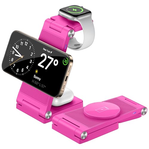 Magnetic Wireless Charger Stand, 3 in 1 Foldable Wireless Charging Station, Travel Charger for Multiple Devices for iPhone 16 15 14 13 12 Series, Apple Watch Ultra/SE/9/8/7/6/5/4/3/2, AirPods - color: Rose