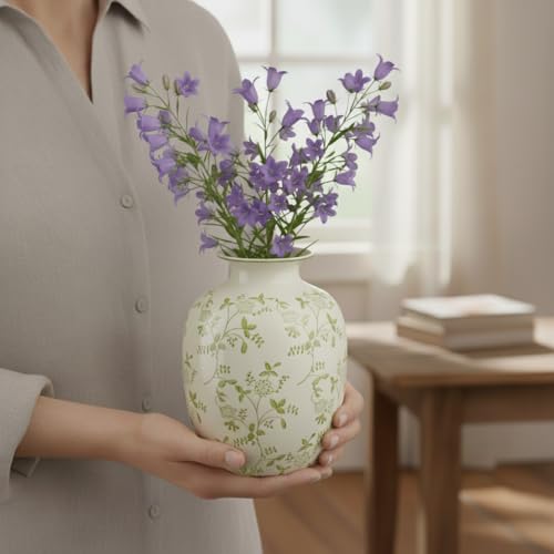 Green and Beige Ceramic Vase for Pampas Grass, 7 Inch Vintage Floral Vase for Eucalyptus, Botanical, Home Decor for Bathroom, Bedroom, Nightstand - color: Green and Beige