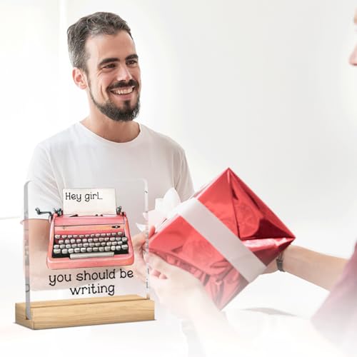 Writer Novelist Gift Amwriting Read Write Repeat Sign Hey Girl You Should be Writing Acrylic Desk Decor with Wood Stand for Table Tabletop Office Bedroom 4 X 4 Inch - color: Writing