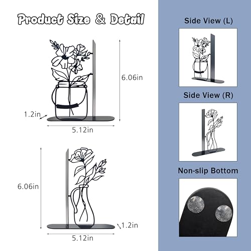 Metal Flower Book Ends, Cute Book Ends for Home Office Decor Decorative Book Ends for Shelves, Ideal Gift for Book Lovers(Black) - color: Black