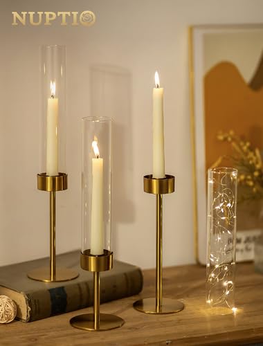 NUPTIO Hurricane Candle Holder for Centerpiece: Set of 6 Gold Taper Candle Holders Bulk - Tall Brass Candlestick Holders with Cylinder Shape Cover for Dinner Table Christmas Decor - size: 6 pcs