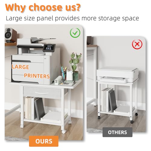 YAOHUOO 22"x15" Large Printer Stand with Storage Drawer, 2-Tier Under Desk Table for Home Office, Fits Fax Machine/3D Printer/Scanner (White) - color: White, size: 2-Tier