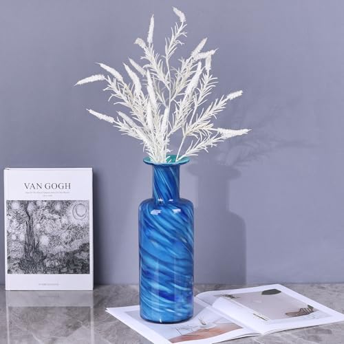 13" H Hand-Blown Glass vase, Modern Art Glass Cylindrical vase, Blue Glass Decorative vase, Ideal for Living Room Dining Table centerpieces, TV Console, Office, or Console Table Decor. - color: Blue