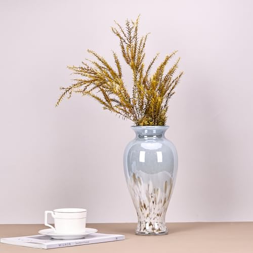 11.8" Tall Blue and White Glass Vase Beautiful Hand Blown Glass Vase Modern Art Home Decor, Wide Mouth Colorful Vases for Mantle Dining Table Centerpiece, Entryway Living Room Wedding Decoration - color: Blue White