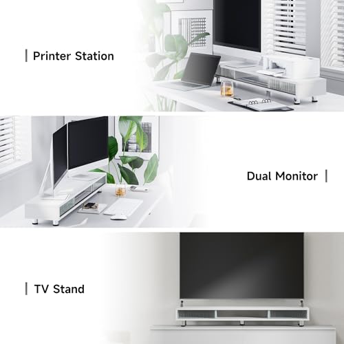 Fenge Dual Monitor Stand, 42.5inch Long Monitor Stands Riser for 2 Monitors, Sliding Door with Storage Organizer Stand for Desk, 2 Tier Desk Shelf for Laptop, Pc, Printer, Computer, TV - color: White