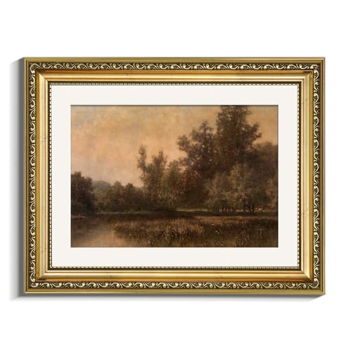 VIYYIEA Vintage Gold Framed Wall Art for Living Room, Lakeside Forest Artwork Prints Decor, Farmhouse Moody Landscape Wall Decor, Gallery Picture Painting, for Bedroom Bathroom Kitchen 14L x 11W - color: Lakeside Forest, size: 14"L x 11"W