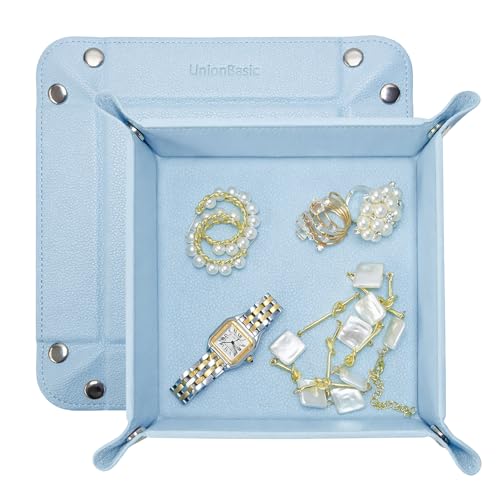 UnionBasic Small Jewelry Tray for Rings Watches Earrings, Entryway Catchall Caddy for Coins Keys Change, Nightstand Bedside Valet Holder, Trays for Electronic Gadgets, Lychee Pale Blue - color: Lychee Pale Blue, size: 5.4" x 5.4" x 1.6"