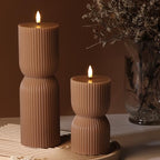 Warm Brown Ribbed Flameless Pillar Candles with Remote, Real Wax Flickering Battery LED Candles Christmas Decor Gift Set of 2 - color: Amber Brown