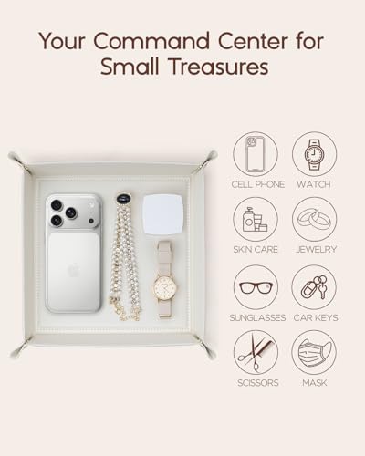 VLANDO Valet Tray,Nightstand Organizer Vanity Catchall Holder for Dresser Desk Storage Bedside, Travel PU Leather Jewelry Key Bowl Coin Watches and Candy Entryway Tray - Large, Beige - color: Z.Beige