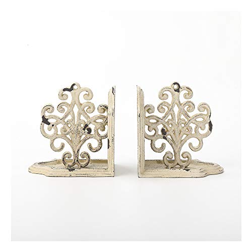 Heavy Duty Book Ends Set of 2, Medallions Decorative Bookends, Cast Iron Book Ends for Shelves, Shabby Chic White.