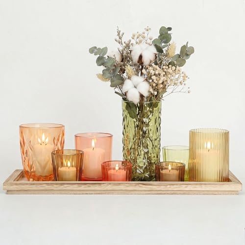 Votive Candle Holders Set with Wooden Tray - 8 Piece Rustic Colored Glass Candlestick & Solid Wood Centerpiece Decor for Mantel, Dining Table, Farmhouse Wedding Decor - color: Colored Candlestick