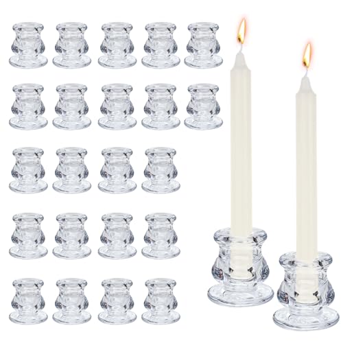24 Pcs 2.2 Inch High Glass Candle Holders Clear Candle Holder Taper Candles Holders Thicker Glass Candle Sticks Set Clear Candle Stick Holders for Party Wedding Table Decor