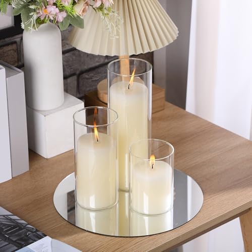 Shihanee Set of 3 Pillar Candles and 3 Glass Cylinder Candle Vases Holders Clear Pillar Jars for Wedding Centerpieces(3'' x 5.9'', 7.9'', 9.8'',Ivory White) - color: Ivory White, size: 3'' x 5.9'', 7.9'', 9.8''
