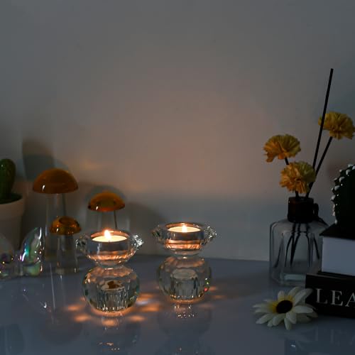 Reversible Crystal Candle Holders Pack of 2, Clear Tealight or Taper Candlesticks, Table Centerpiece Home Decor for Wedding, Dining, Party(3.1in Tall)