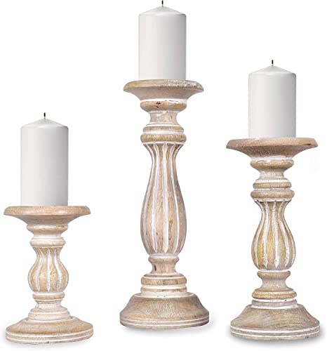 Mela Artisans Whitewashed Hand Carved Wooden Pillar Candle Holders - Set of 3 | Hana Decorative Style | Crafted from Mango Wood | Rustic Table Centerpiece Decor | Sized 6", 9" and 12" - color: Whitewash 2