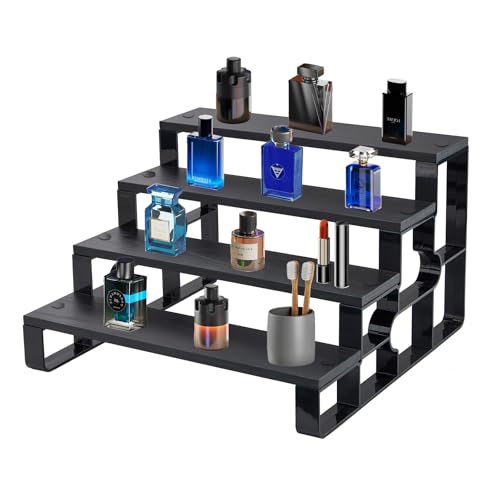 4 Tier Perfume Organizer for Dresser,Black Wood Cologne Stand for Men,Mens Shelf Decor for Bedroom,Perfume Holder for Bathroom,Risers Display Stands for Makeup,Party,Figures,Cupcake(Width=11.2") - color: Black, size: 4 Tiers-width=11.2"