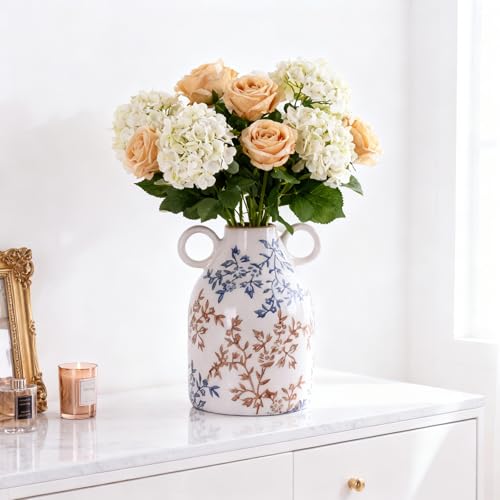 Blue Floral Ceramic Vase with Handle, Nordic Boho Small Vases Side Table Flower Centerpiece, Wide Mouth Single Flower Vase Pampas Grass Decorative - for Home Window Sill Living Dining Room Kitchen - color: Blue Floral