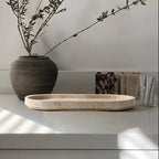 CHISELED ST DF SK Natural Travertine Oval - 10x5 Inch Bathroom and Vanity Marble Small Tray for Soap Bottle, Perfume, Aromatherapy and Jewelry Accessories - Countertop Tray with Non-Slip Raised Base