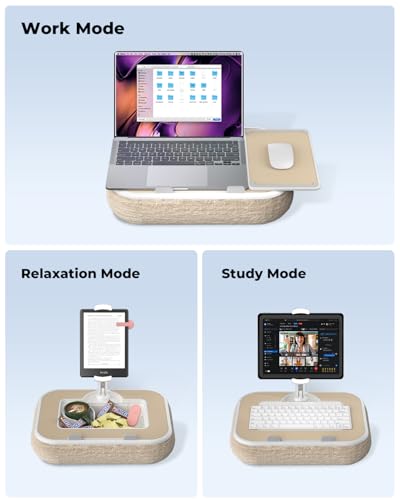Viozon Kindle Pillow Stand Holder, Phone Holder for Bed, Laptop Lap Desk with Mouse Pad,Compatible with 4.7-13" Kindle/Tablet/Phone,10-15" Laptop, Snack Bowl&Cup Attachment&Detachable 360° Stand Arm - color: Beige