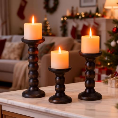Solid Wood Candle Holder, 3Pcs Rustic Black Candle Holders for Pillar Candles, Decorative Candle Holders Distressed Wooden Farmhouse Candle Holder Large for Fireplace Table - color: Washed Black