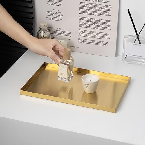 FREELOVE Gold Tray for Bathroom Vanity Brass Decor, Small Candle Holder, Rectangle Soap Dish, Brushed Square Plate, Coffee Table Toilet Back Modern Antique, 10''X15'' - size: 15" x 10" x 0.6"