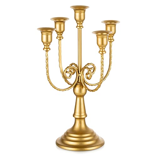 Romadedi Candelabra Gold Candle Holders - 5 Arm 11.8" Wedding Candlestick Holder for Theme Party Table Centrepiece Decor Dining Room Birthday Holiday Christmas - color: Gold-5 Arm, size: 1pc