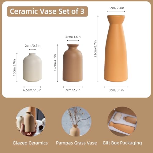 Ceramic Small Vase Set of 3,Modern Boho Farmhouse Home Decor,Pampas Grass Vase,Minimalist Decor,for Entryway Table,Bookshelf,Living Room, Bedroom,Kitchen,Coffee Table Decoration - color: Coffee Mix