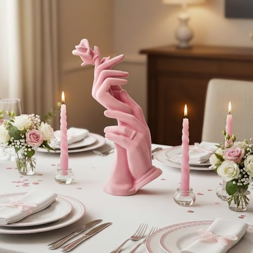 Romantic Couple Statue with Rose, Modern Love Figurine Spring Decor for Home, Symbol of Love & Commitment, Anniversary Wedding Gift for Couples, Bedroom Living Room Shelf Decoration (Pink) - color: Hand Rose-pink