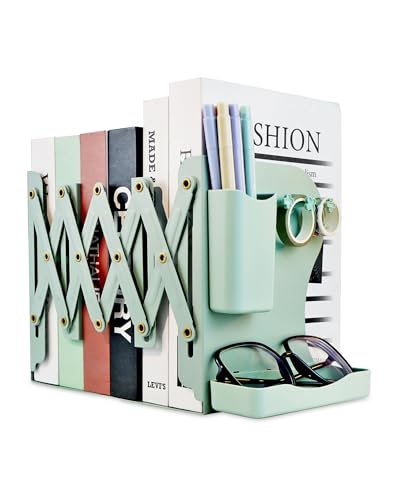 Heavy Duty Bookends Adjustable Book End, Desk Book Holder for Shelves, Book Organizer for Desk, Suitable for Office Home School (19.69 inches Max) (Green) - color: Green
