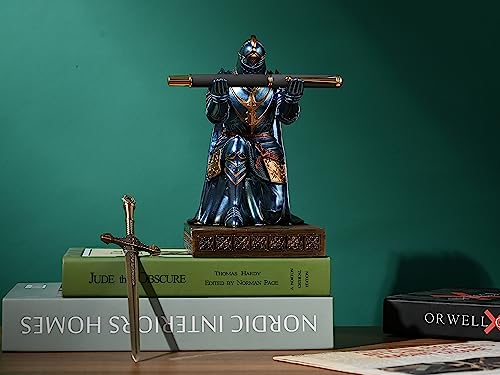 King's Guard Leader Cloak Warrior Knight Pen Holder Mobile Phone Stand, Ornament Knight Statue, Pen Stand Paperweight for Office and Home (Blue) - color: Blue