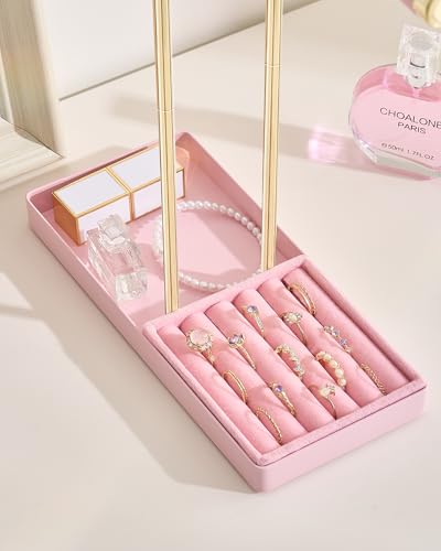 Lolalet 2-Tier Necklace Holder Display, Velvet Wrapped Bracelet Stand with Removable Ring Tray, Tall Jewelry Organizer for Bangles Watches Earrings, Galentines Valentines Gifts for Girls Women -Pink - color: Pink