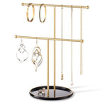 Gold Jewelry Holder Stand with Ceramic Tray: Small Hanging Necklace Organizer Tree for Earrings, Bracelets, Rings – Jewelry Display Hanger for Women & Girls, Black - color: black tray gold bar