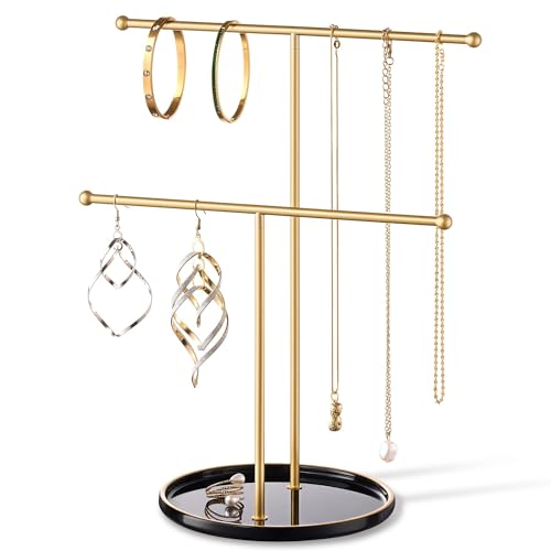Gold Jewelry Holder Stand with Ceramic Tray: Small Hanging Necklace Organizer Tree for Earrings, Bracelets, Rings – Jewelry Display Hanger for Women & Girls, Black - color: black tray gold bar