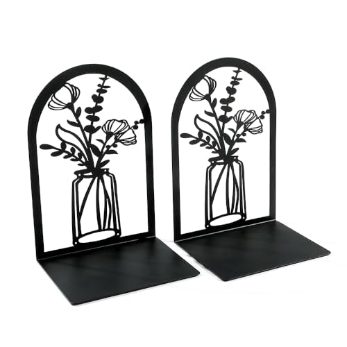 Vase Book Ends, Bookends - Metal Book Ends for Shelves, Non-Skid Bookends Decorative Unique for Heavy Books, Heavy Duty Book Holder for Home Office (3PC Style B)