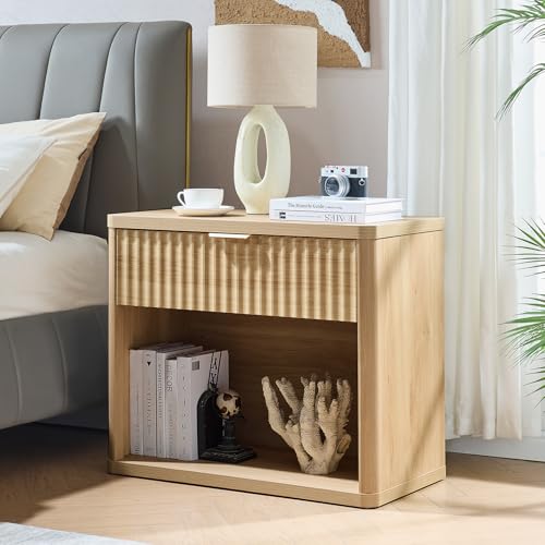 LEYAOYAO 31" Wide Fluted Nightstand with Charging Station, Oversized Extra Large 1 Drawer Night Stand with Golden Handle, Natural Wood Bedside Table Tall End Tables,for Bedroom, Living Room, Hallway - color: Natural, size: 1 Drawers