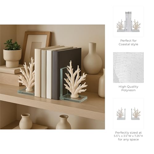Decorative Coral on Glass Bookends - Coastal Inspired Book Ends for Bookshelf Decor or Book Accessories - Modern Office Desk Accent, Home Library, or Entryway Home Decor - Set of 2, 7.25", White