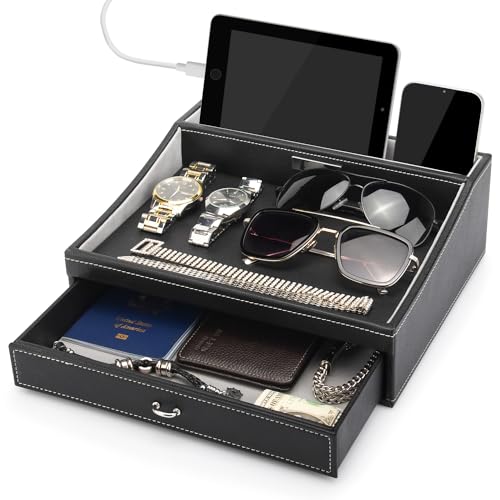 Baoyun Gifts for Dad Mens Nightstand Organizer, Jewelry Box for Men, Mens Dresser Organizer Countertop, Large Capacity Leather Valet Tray for Phones Pad Wallet Key Christmas Gifts for Men - color: Black