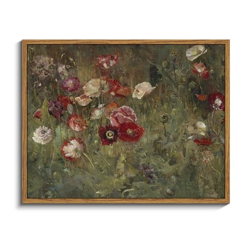 InSimSea Framed Canvas Wall Art Vintage Decor, Classical Flower Paintings Vintage Wall Art for Living Room, Retro Nature Floral Art Work Wall Decorations for Bedroom Home, 11"x14" - color: A Bed of Poppies, size: 14"L x 11"W