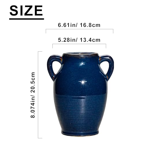 Sunddo Blue Ceramic Vases for Home Decor - 8 inch Blue Flower Vase with Handles, Farmhouse Country Vase for Pampas Grass, Fireplace, Centerpieces, Living Room, Table, Shelf Decor - color: Retro Blue - 8, size: 8 Inch