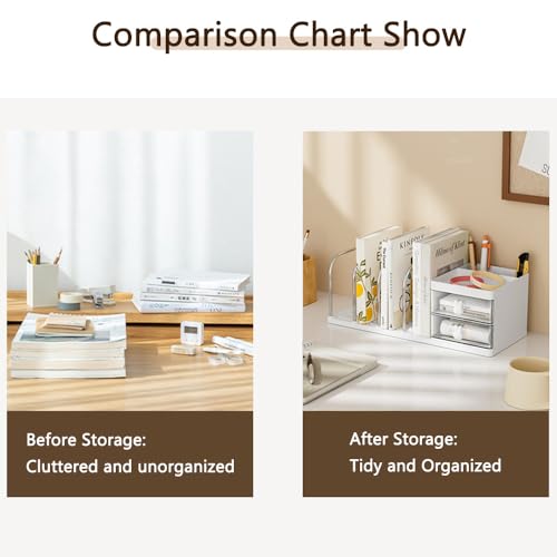 Desk Organizer with Bookends, Desktop Storage Box with 2 Drawers 3 Top Compartments and 4 Bookends, Multi-Functional Desk Accessories Organizer for Home Office School Supplies (White)